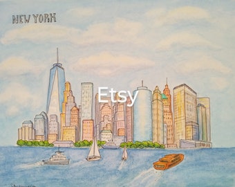 Manhattan Island, New York City, original watercolor and ink, 9.5 x 7.5 in