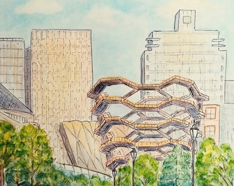 The Vessel. Hudson Yards. New York City. Original watercolor and ink painting. 7.5 x 9.5 in
