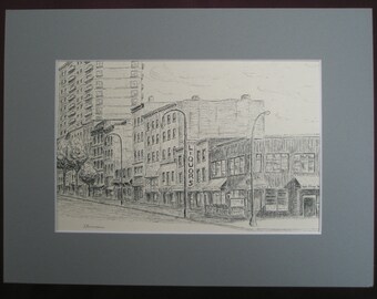 Street view in New York. 14 Street and 8th Avenue. Print of original ink drawing 8.5 x 5.5 in.