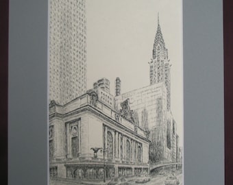 Grand Central and Chrysler Building on 42 street in New York. Print of the original ink drawing 5.5 x 8.5 in.