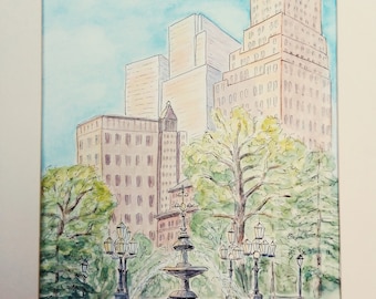 City Hall Park, New York City, original watercolor and ink on paper  8 x 11 in