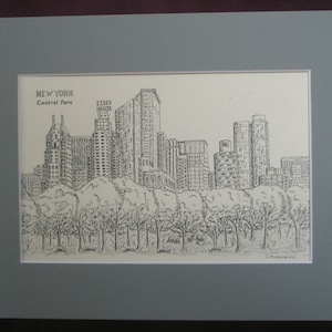 Midtown Manhattan view from Central Park. Print of the original ink drawing 8.5 x 5.5 in.