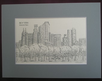 Midtown Manhattan view from Central Park. Print of the original ink drawing 8.5 x 5.5 in.