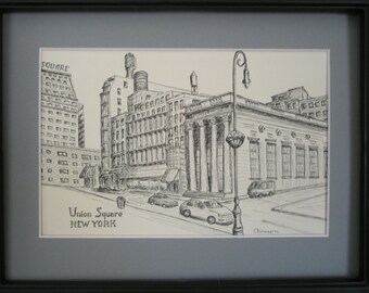 Union square in New York City. Print of the original ink drawing 8.5 x 5.5 in.