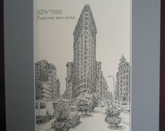 Flatiron Building in New York. Print of the original ink drawing 5.5 x 8.5 in.