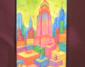 New York painting original on wood miniature 3.5 x 6.5 in