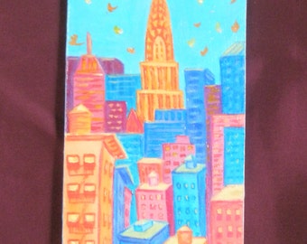 New York painting original on wood miniature 3.5 x 6.5 in