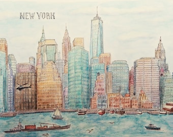Downtown of Manhattan, New York City, original watercolor 12 x 8 in.