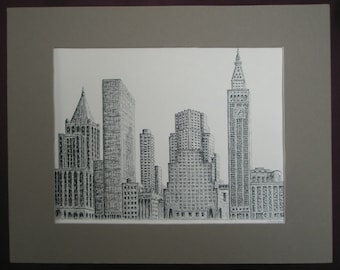 Madison Avenue in New York. Print of original ink drawing 10 x 7.5 in.