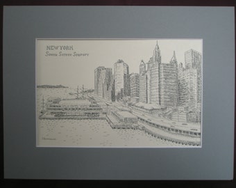 Downtown of New York with East River and Seaport. Print of the original ink drawing 8.5 x 5.5 in.