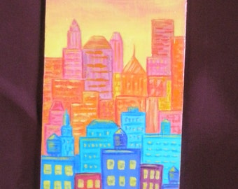 New York painting original on wood miniature 3.5 x 6.5 in