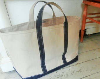 Vintage, Authentic. LL Bean. LARGE, Canvas, Natural White/NavyBlue Boat and Tote Bag
