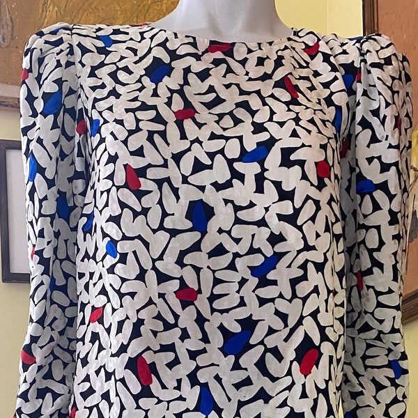 1980's, 100% SILK , Guy Laroche, PARIS , Dropped Waist, Print Dress, M, made in France