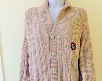 Vintage, Men's Cardigan, Deer Patch, Catalina, 100% Virgin Wool,  Shawl Collar, Cable Knit Sweater