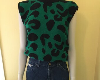 1980's, Green/Black Animal Print, Acrylic Wool Blend, Knit Sweater Vest, Size Small