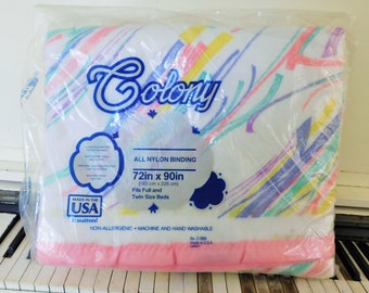 1960-70's, Unopened, NEVER Used, Polyester Twin/Full Blanket, White/Pink/Yellow/Green/Purple, Mod Print, 72" x 90"