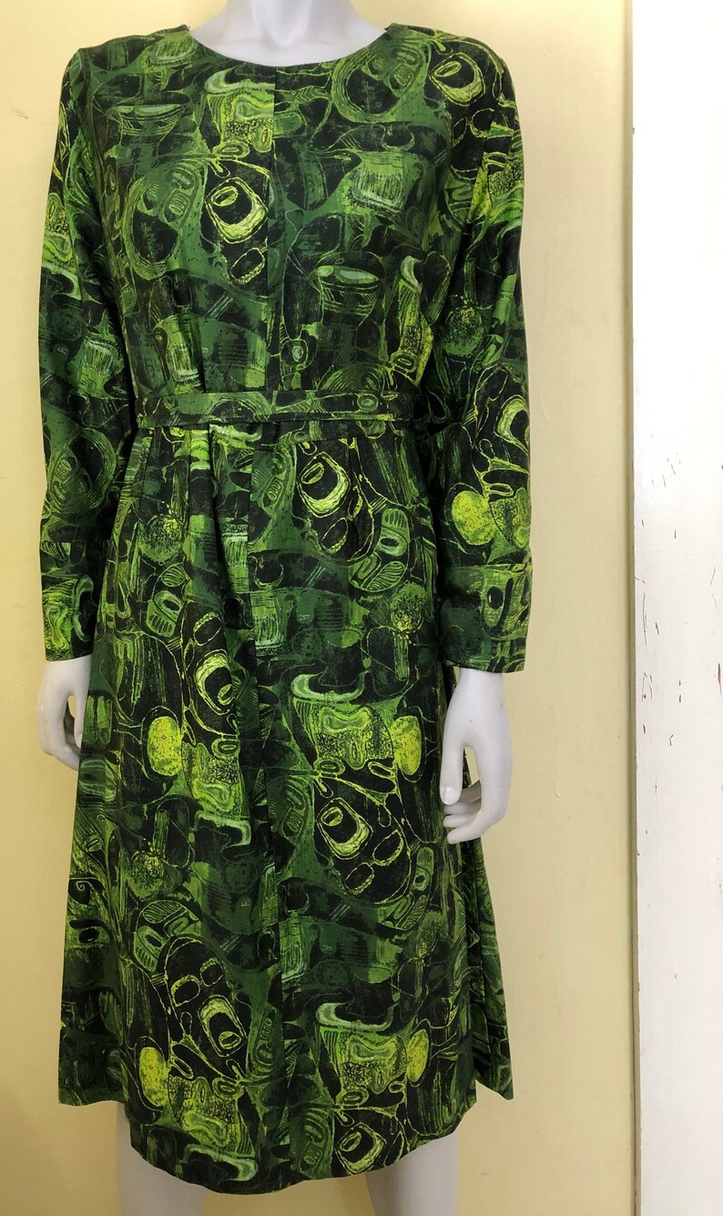 Brushed Cotton Midi size m Tiki Print Hostess Dress 1960/'s-70/'s Hawaiian