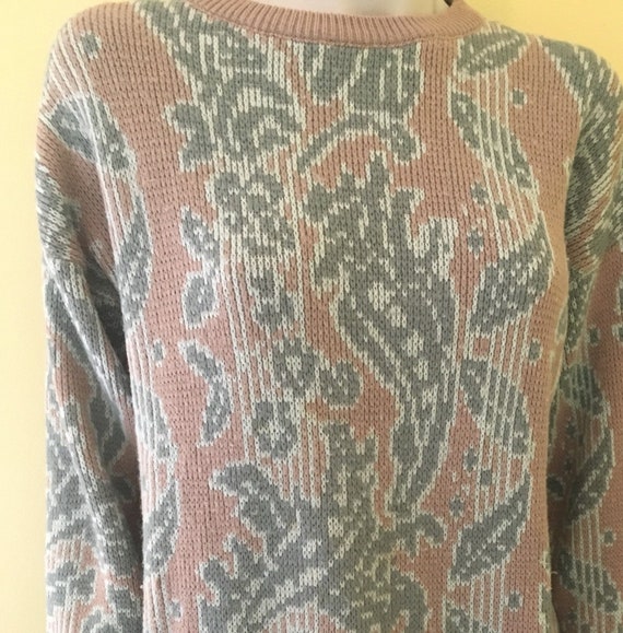 1980's, Acrylic Knit, Tan/Green, Graphic Sweater,… - image 2