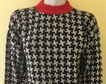 1980's, Bold Black/White Houndstooth, Red Trim, Adele Knitwear, Women's Crewneck Sweater, Made in USA, , Size Small