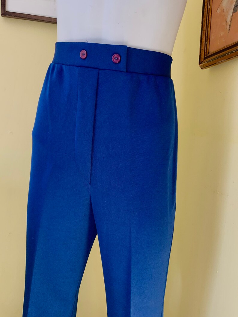 1970s, High Waisted, Polyester Knit, Blue, Flared, Stretch Pants, medium image 10