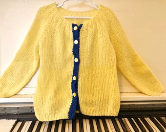 1960's, Hand Knit, Children's Sweater, Yellow/Blue Acrylic Cardigan, Cube Buttons