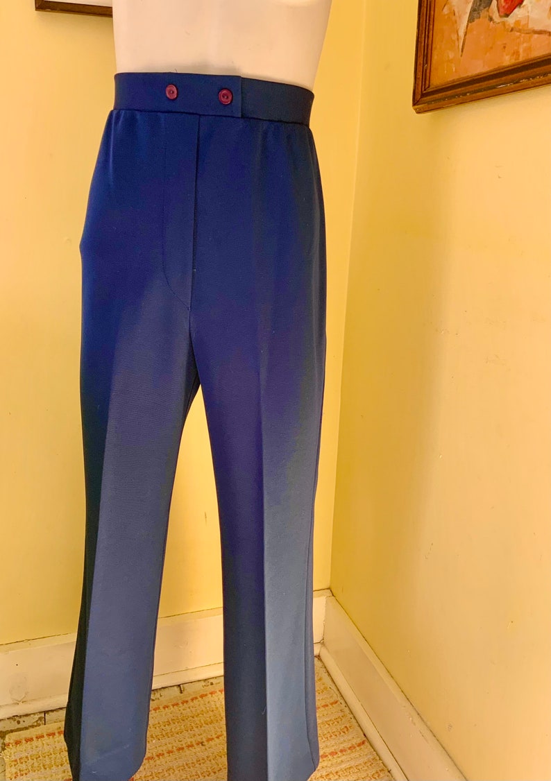 1970s, High Waisted, Polyester Knit, Blue, Flared, Stretch Pants, medium image 2