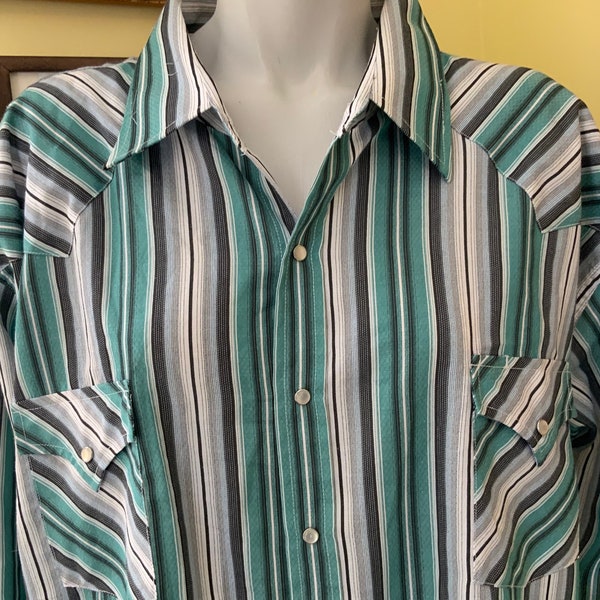 1980-90’s, Ely Cattleman, Westernwear, Pearl Snap, Striped, Silky Rayon, Cowboy Shirt, xl