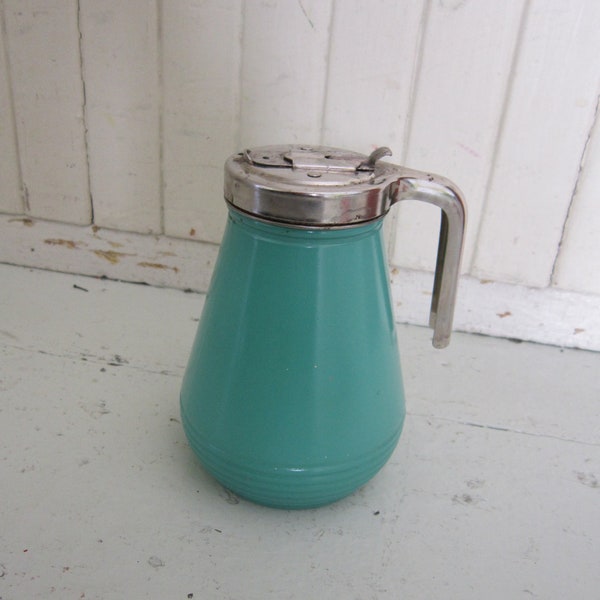 TREASURY ITEM, Vintage, 1960's, Turquoise Glass, Syrup Dispenser, Small Pitcher