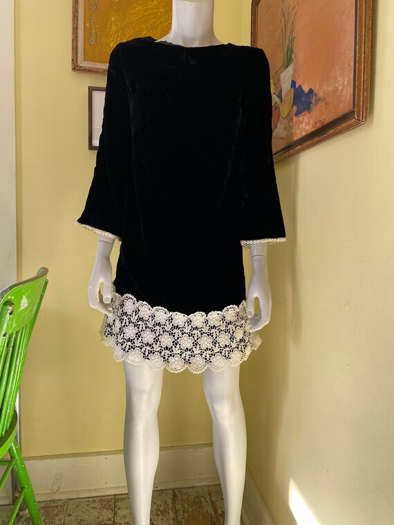 1960's, Black Velvet, Mini Dress , Lace Trim, Siz… - image 1