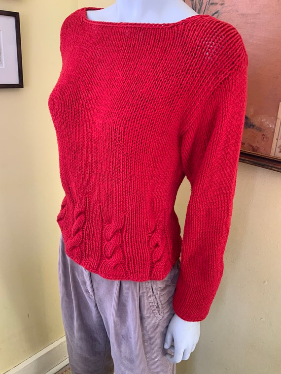 Vintage, hand knit, Rico, Red Cable Knit, Boat Nec