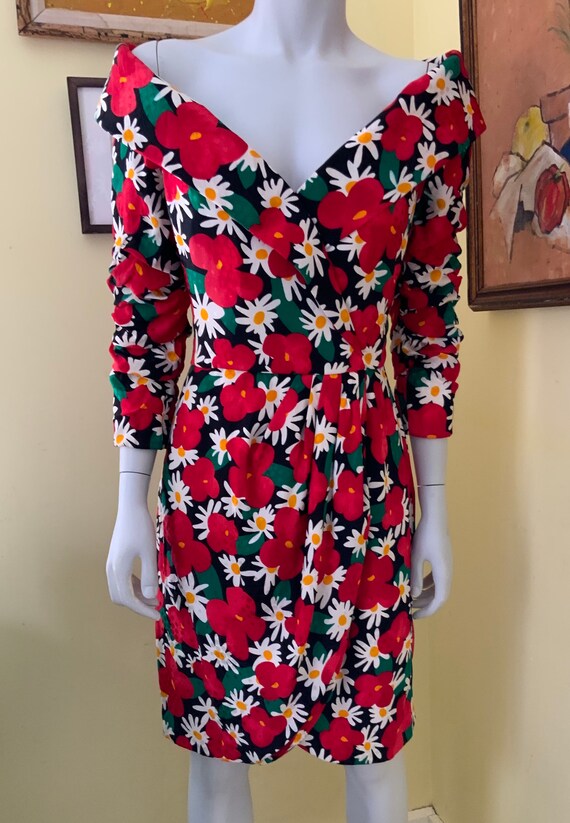 1980’s, Scaasi Boutique, Bold Red Floral, Prom, Cockt… - Gem