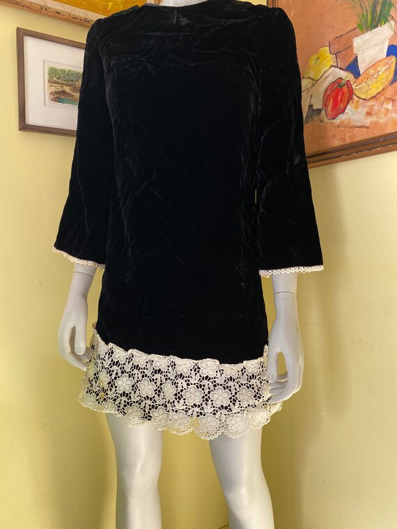1960's, Black Velvet, Mini Dress , Lace Trim, Siz… - image 6