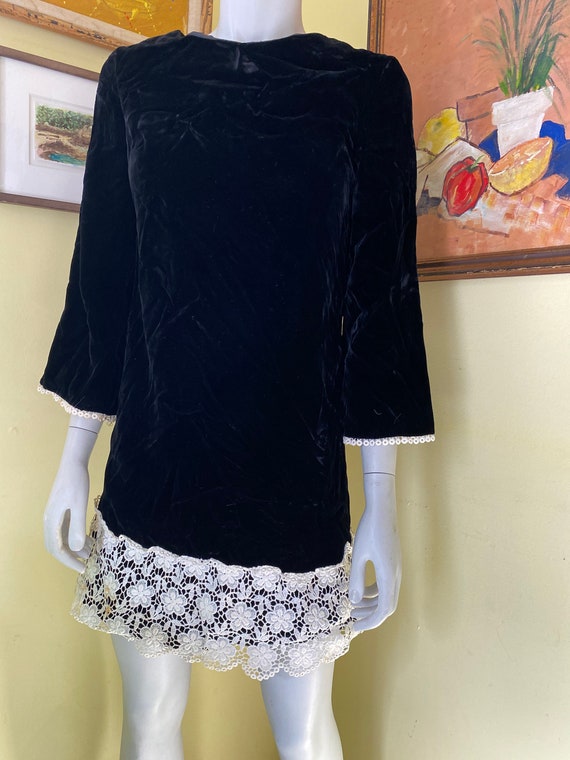 1960's, Black Velvet, Mini Dress , Lace Trim, Siz… - image 3