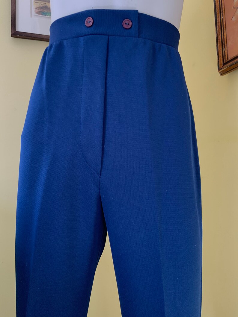 1970s, High Waisted, Polyester Knit, Blue, Flared, Stretch Pants, medium image 6