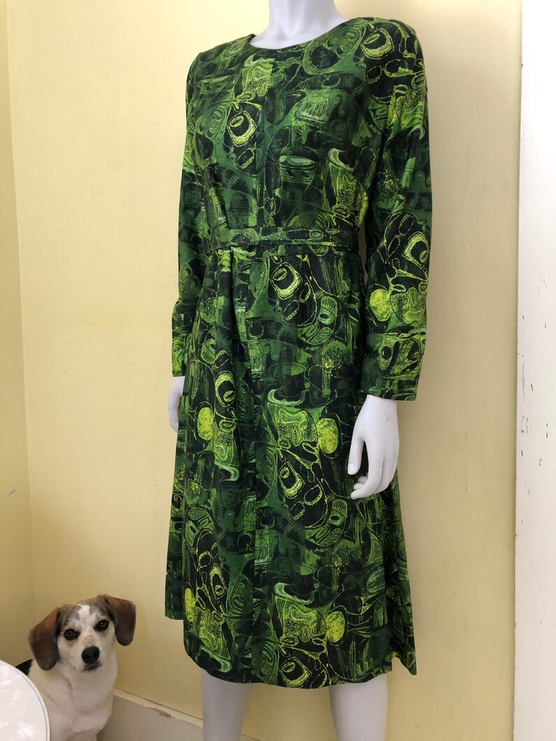 Brushed Cotton Midi size m Tiki Print Hostess Dress 1960/'s-70/'s Hawaiian