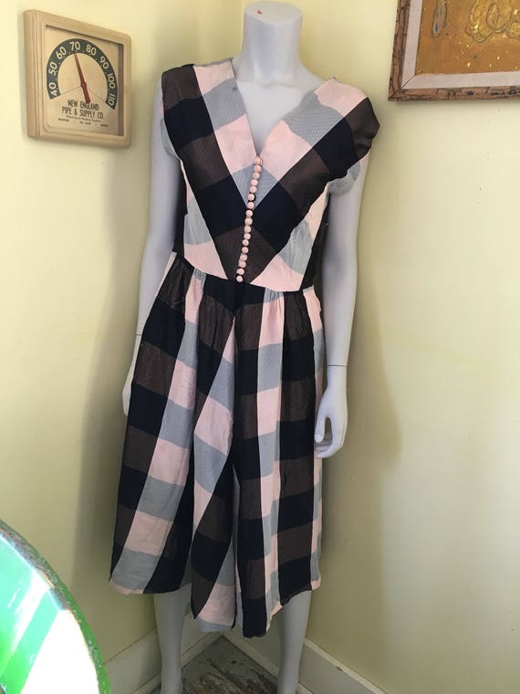 1950's, Pink/Navy/Grey Plaid, Silky, A-line Dress