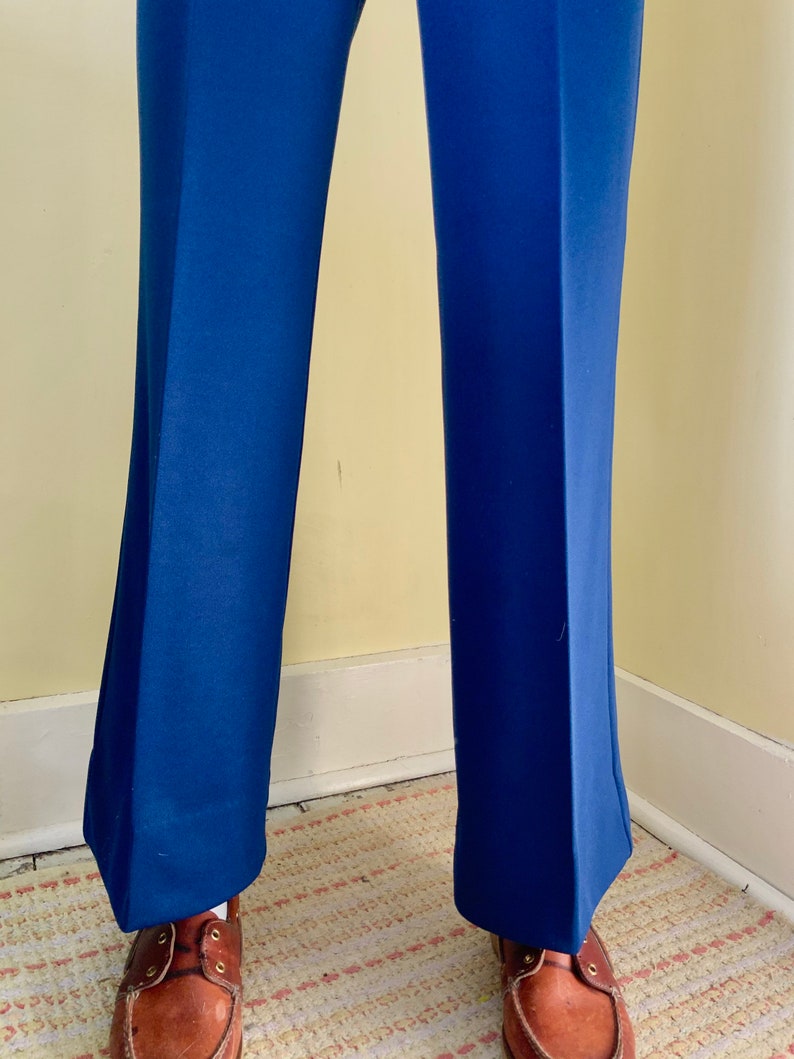 1970s, High Waisted, Polyester Knit, Blue, Flared, Stretch Pants, medium image 3
