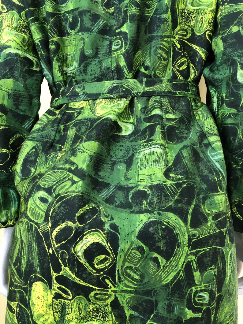 Brushed Cotton Midi size m Tiki Print Hostess Dress 1960/'s-70/'s Hawaiian