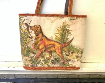 vintage, Chien de chasse, Chien d’oiseau, Sac à main, Tissu & Vinyle, Top Handle Tote, 9.5 » x 10 »