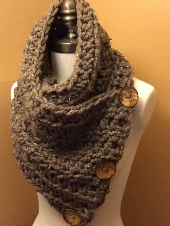 Items similar to Crochet Scarf, Wrap cowl, Brown 3 Buttons Scarf, Large ...