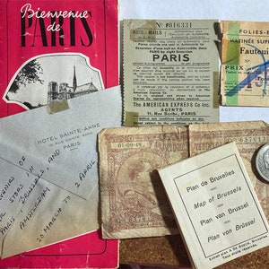 1951 Erinnerungen an unsere Reise nach Paris Frankreich Brüssel Karten Geld Folies Bergere Hotel Sainte Anne