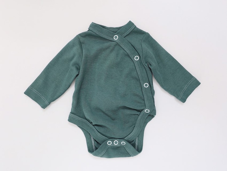 Organic cotton kimono baby vest in teal green