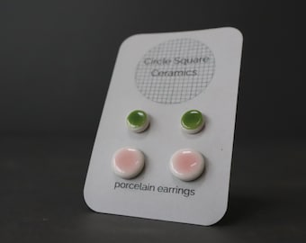 Porcelain stud earrings in pink and green