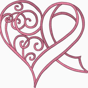 May include: A pink heart-shaped design with a ribbon and intricate swirls. The design is outlined in a darker pink.