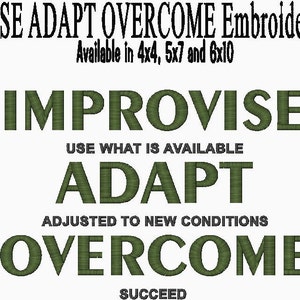 Puede incluir: Diseño bordado en verde con las palabras "Improvisar", "Adaptar" y "Superar" con el texto "Usar lo que está disponible", "Ajustado a las nuevas condiciones" y "Tener éxito" debajo de cada palabra.