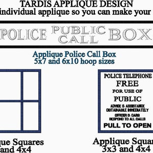 Puede incluir: Un diseño digital para una aplicación TARDIS. El diseño incluye una cabina telefónica azul y blanca con el texto "POLICE PUBLIC BOX CALL" y un conjunto de cuadrados. El texto "Applique Police Call Box 5x7 and 6x10 hoop sizes" está debajo de la cabina telefónica. El texto "Applique Squares 3x3 and 4x4" está debajo de los cuadrados.
