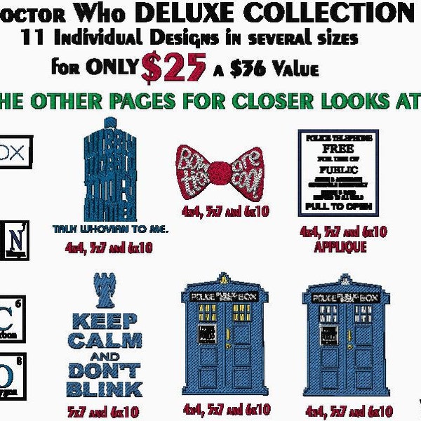 SALE Doctor Who Embroidery Sale  DELUXE Embroidery Design Collection - On Sale for 20