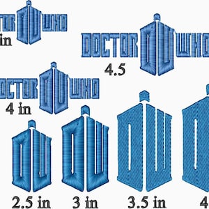 May include: Embroidered designs of the Doctor Who logo in various sizes, ranging from 2 to 4.5 inches. The logo features the iconic TARDIS police box with the words "Doctor Who" above it.