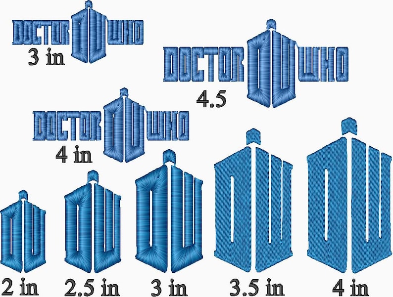 May include: Embroidered designs of the Doctor Who logo in various sizes, ranging from 2 to 4.5 inches. The logo features the iconic TARDIS police box with the words "Doctor Who" above it.