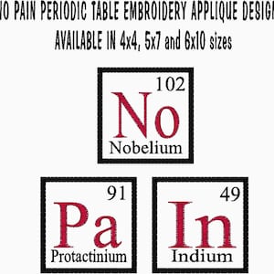 May include: Three embroidered patches featuring the chemical element symbols for Nobelium, Protactinium, and Indium. The patches are black and white with red lettering and are available in 4x4, 5x7, and 6x10 sizes.